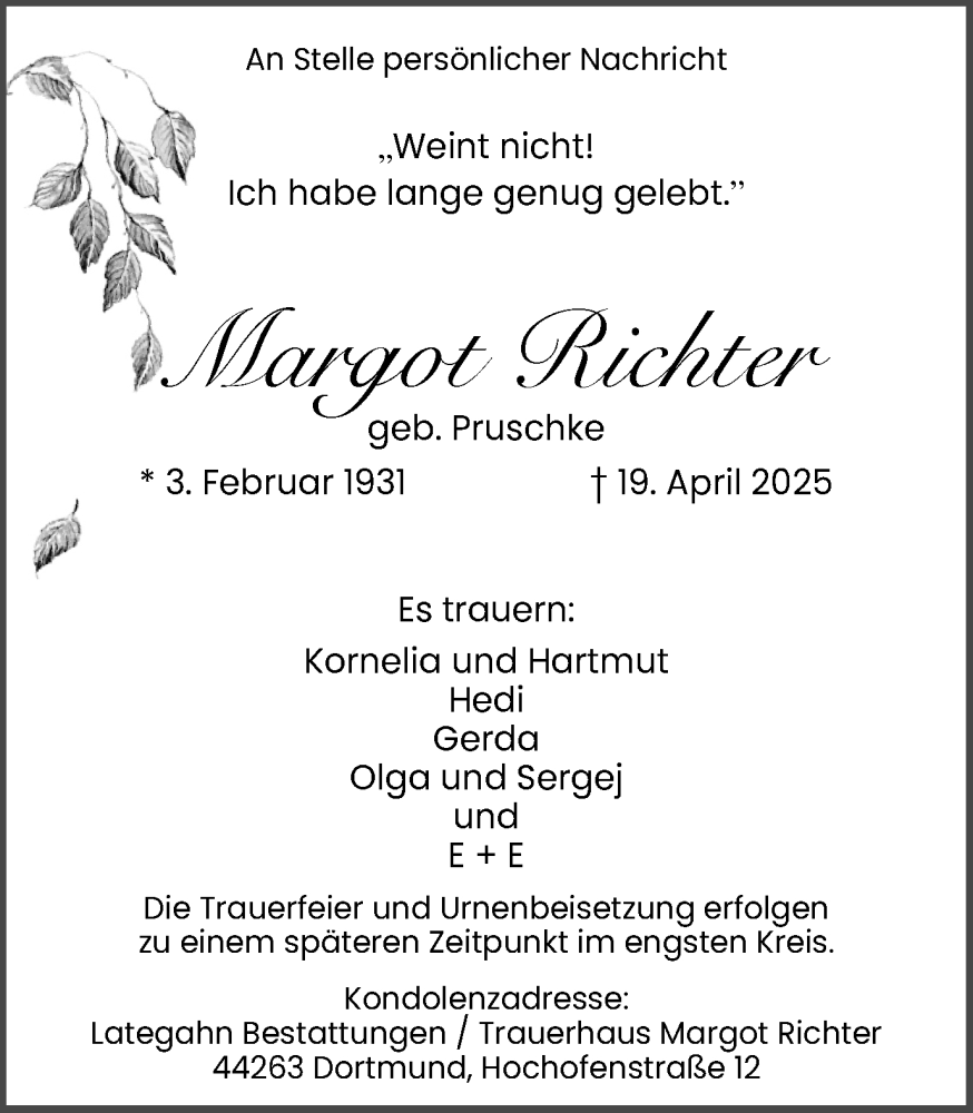  Traueranzeige für Margot Richter vom 26.04.2025 aus Ruhr Nachrichten