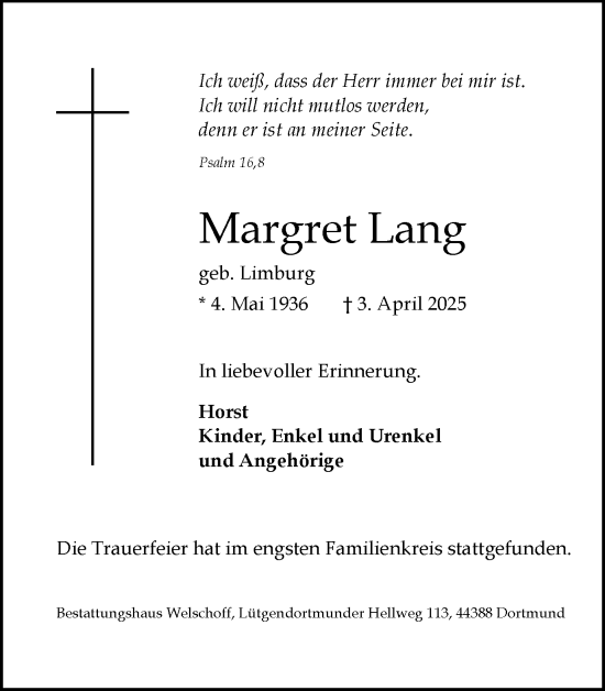 Traueranzeige von Margret Lang von Ruhr Nachrichten