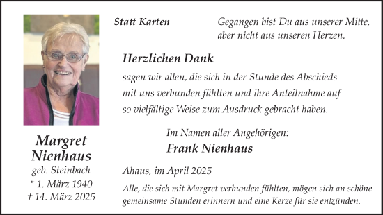 Traueranzeige von Margret Nienhaus von Münsterland Zeitung