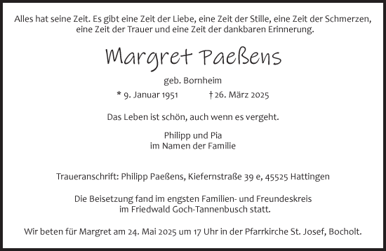 Traueranzeige von Margret Paeßens 