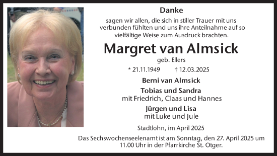 Traueranzeige von Margret van Almsick von Münsterland Zeitung