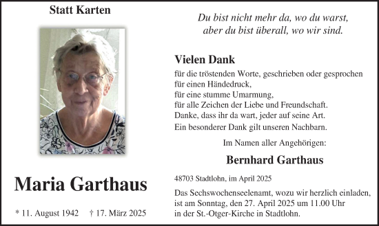 Traueranzeige von Maria Garthaus von Münsterland Zeitung