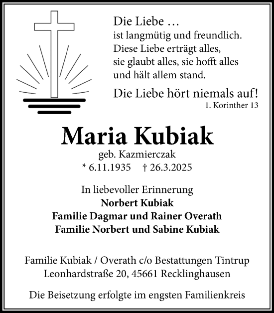 Traueranzeige von Maria Kubiak von Trauer Vest