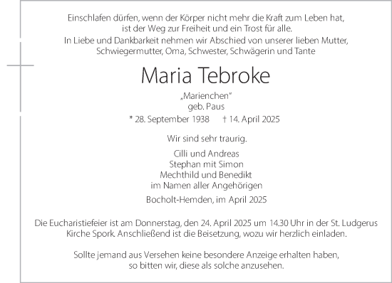 Traueranzeige von Maria Tebroke 