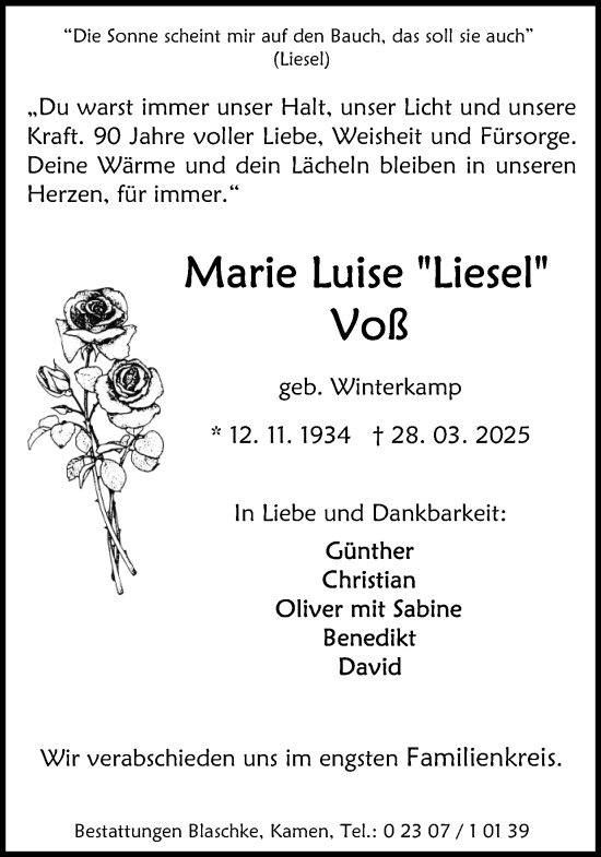 Traueranzeige von Marie Luise Voß von Hellweger Anzeiger