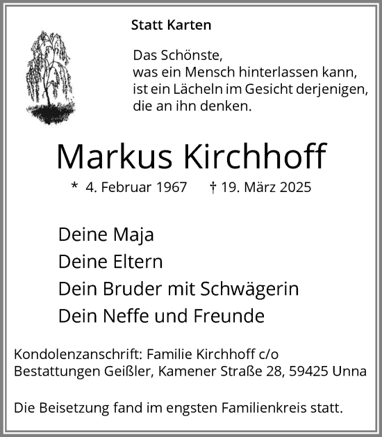 Traueranzeige von Markus Kirchhoff von Hellweger Anzeiger