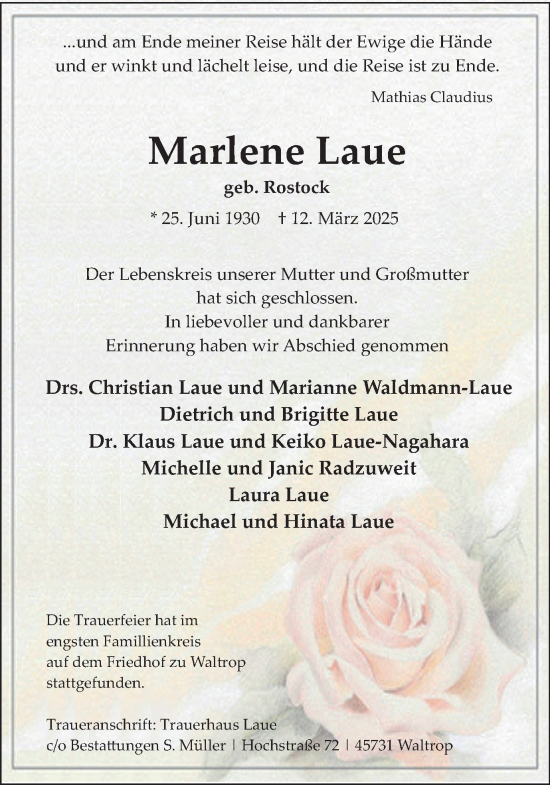 Traueranzeige von Marlene Laue von Trauer Vest