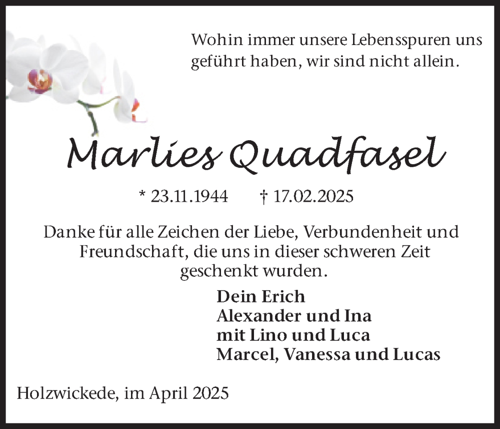  Traueranzeige für Marlies Quadfasel vom 12.04.2025 aus Hellweger Anzeiger