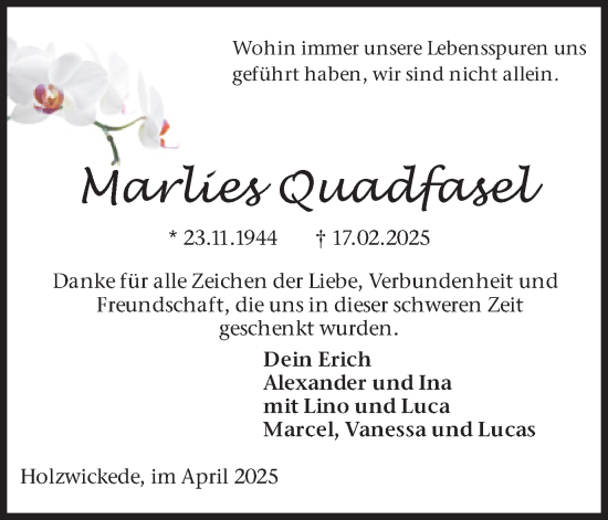 Traueranzeige von Marlies Quadfasel von Hellweger Anzeiger