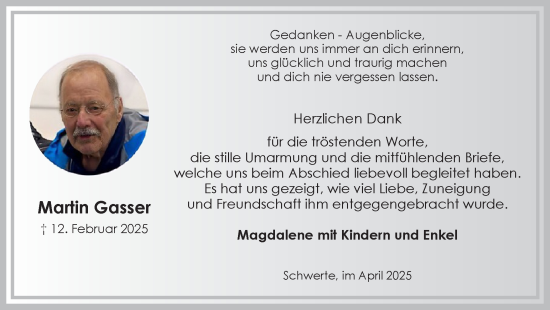 Traueranzeige von Martin Gasser von Ruhr Nachrichten