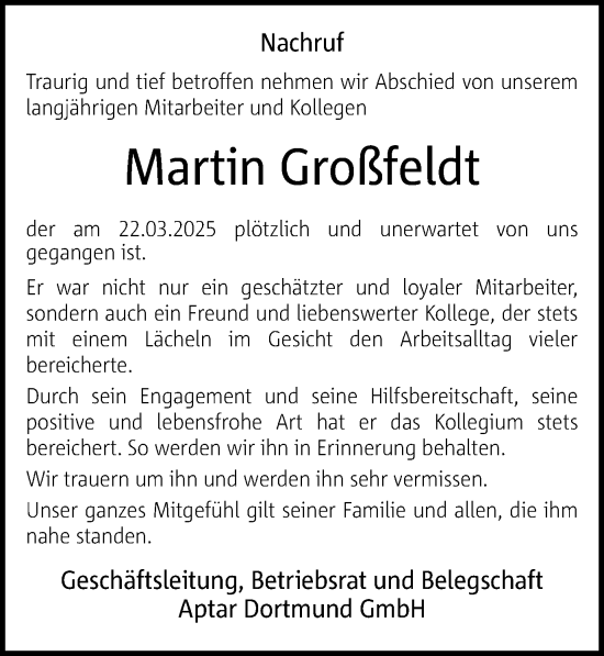 Traueranzeige von Martin Großfeldt von Ruhr Nachrichten