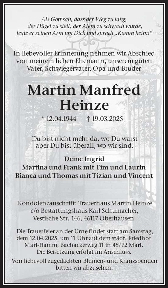 Traueranzeige von Martin  Heinze von Trauer Vest