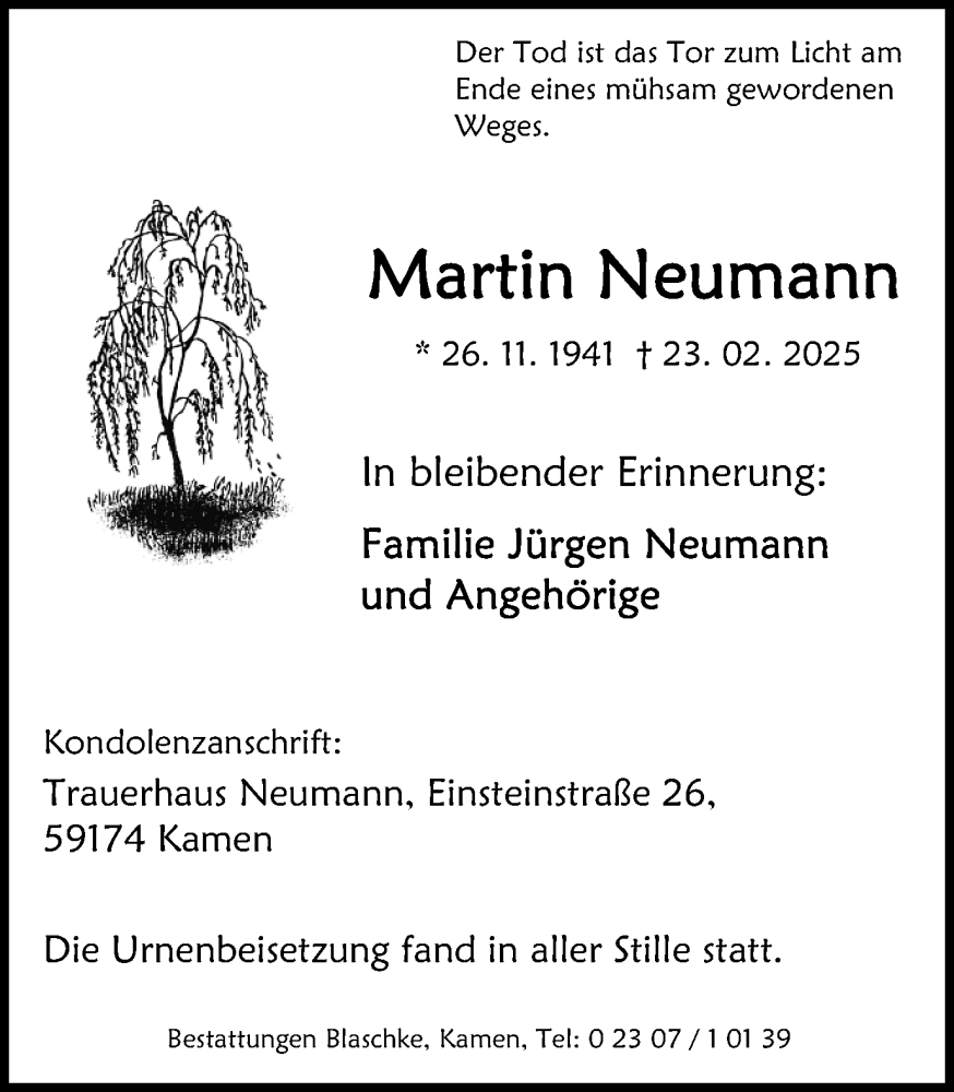  Traueranzeige für Martin Neumann vom 05.04.2025 aus Hellweger Anzeiger