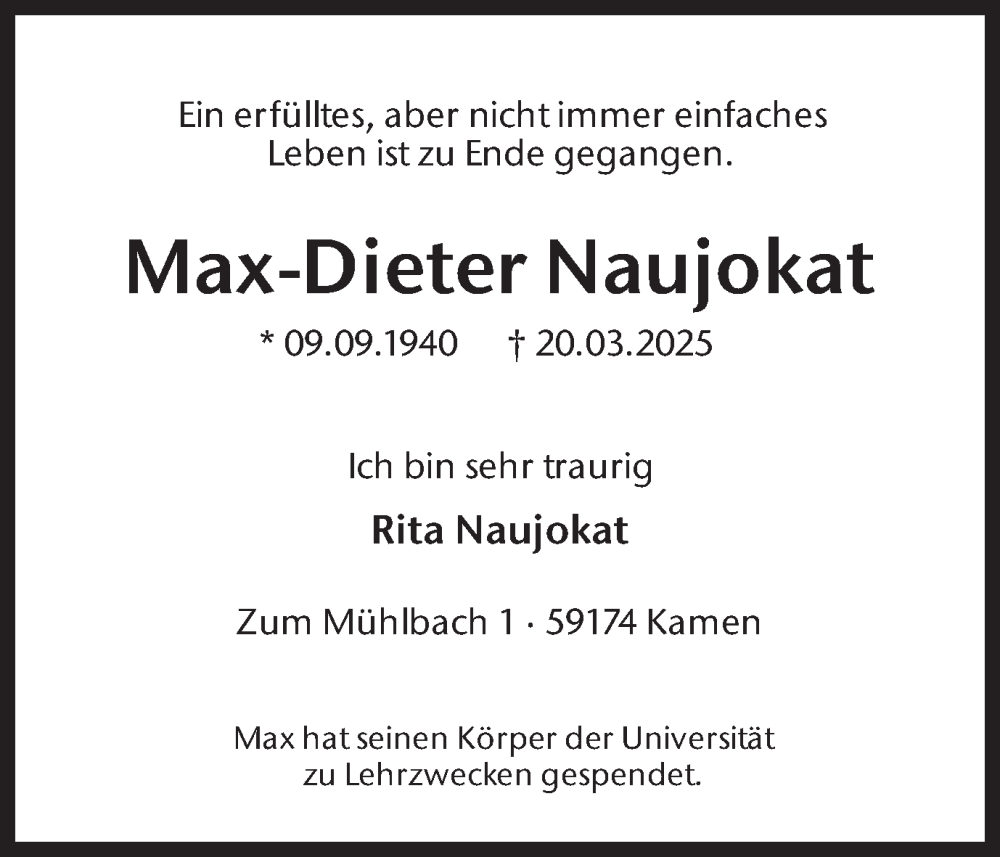  Traueranzeige für Max-Dieter Naujokat vom 05.04.2025 aus Ruhr Nachrichten