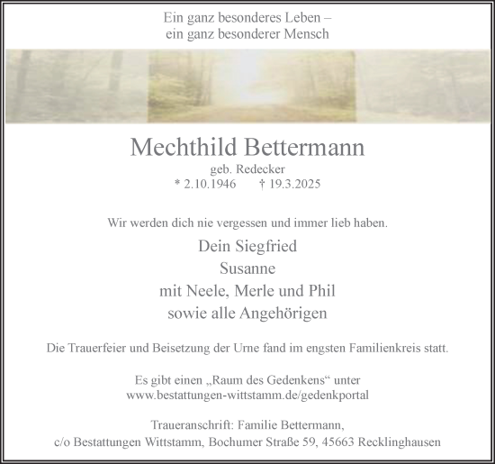 Traueranzeige von Mechthild Bettermann von Trauer Vest