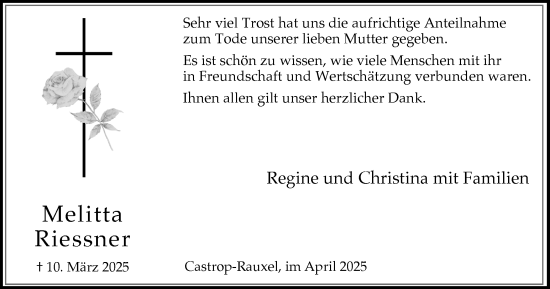 Traueranzeige von Melitta Riessner von Stadtanzeiger Castrop-Rauxel