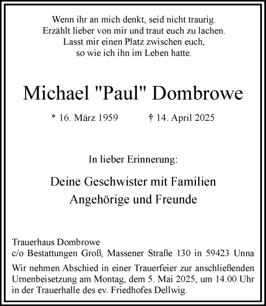 Traueranzeige von Michael Dombrowe von Hellweger Anzeiger