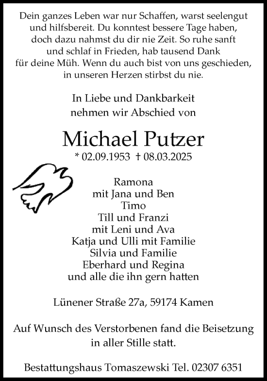 Traueranzeige von Michael Putzer von Hellweger Anzeiger