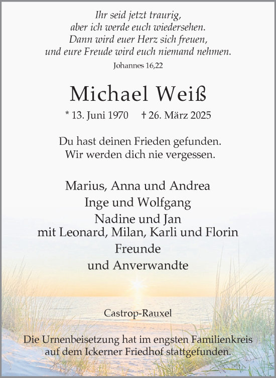 Traueranzeige von Michael Weiß von Stadtanzeiger Castrop-Rauxel