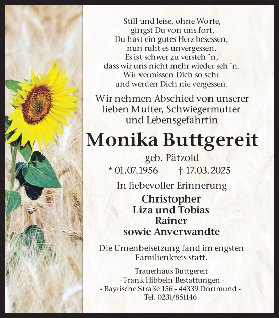 Traueranzeige von Monika Buttgereit von Ruhr Nachrichten
