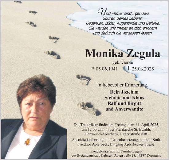 Traueranzeige von Monika Zegula von Ruhr Nachrichten