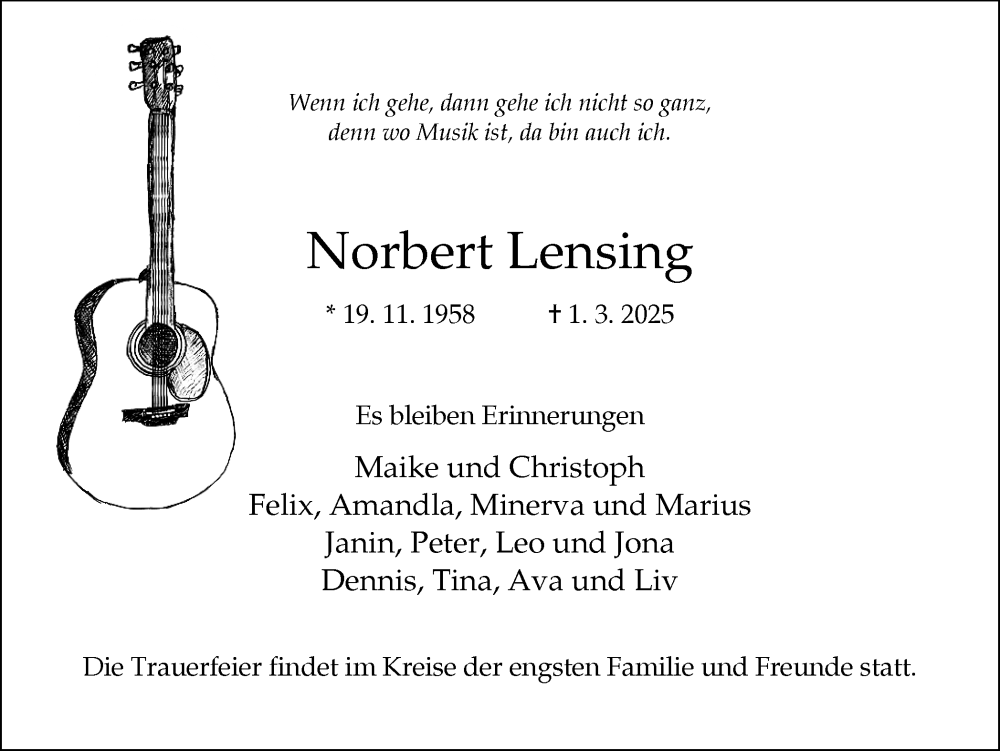  Traueranzeige für Norbert Lensing vom 12.04.2025 aus Ruhr Nachrichten und Dorstener Zeitung