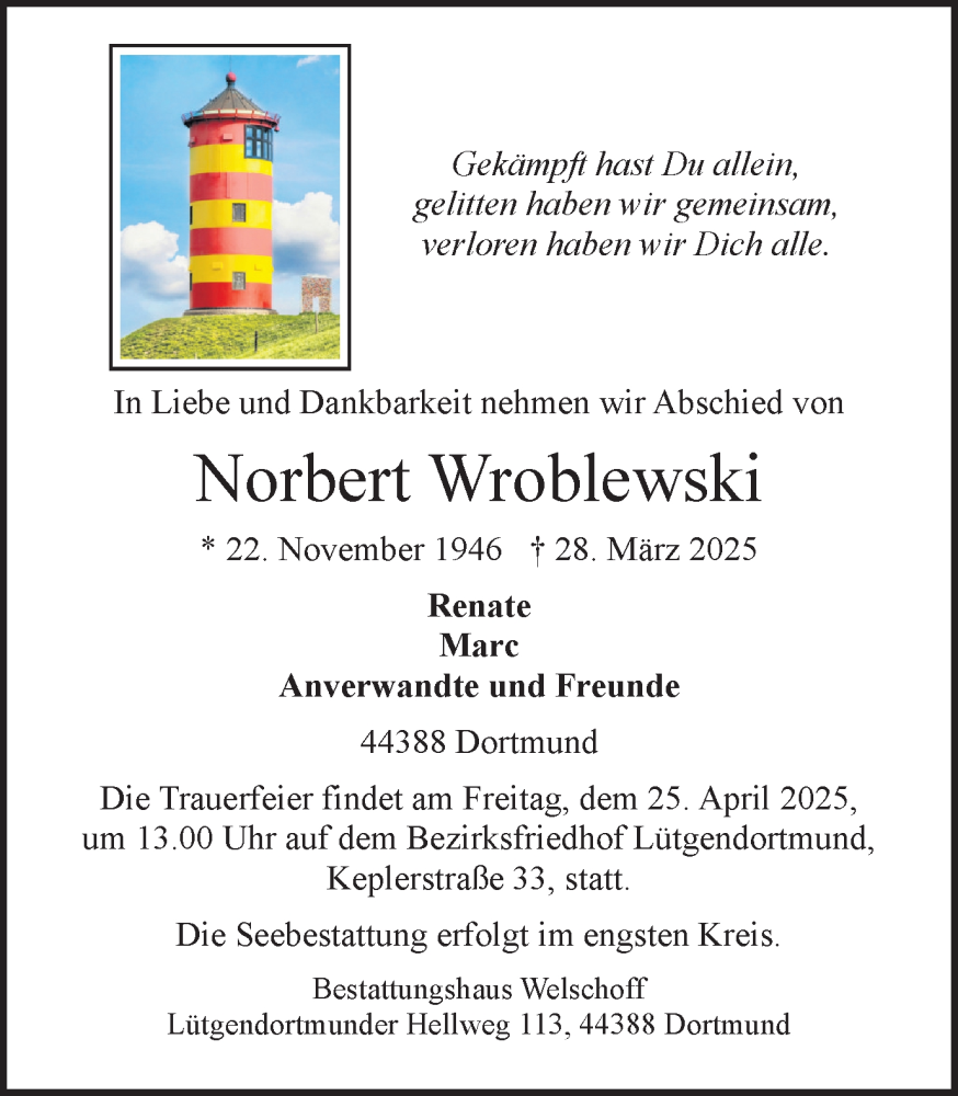  Traueranzeige für Norbert Wroblewski vom 05.04.2025 aus Ruhr Nachrichten