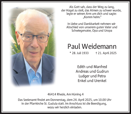Traueranzeige von Paul Weidemann 