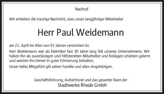 Traueranzeige von Paul Weidemann 