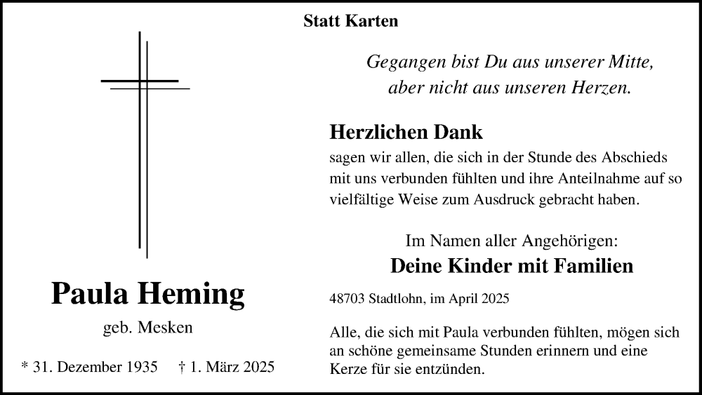  Traueranzeige für Paula Heming vom 16.04.2025 aus Münsterland Zeitung