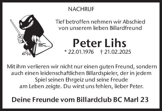 Traueranzeige von Peter Lihs von Trauer Vest
