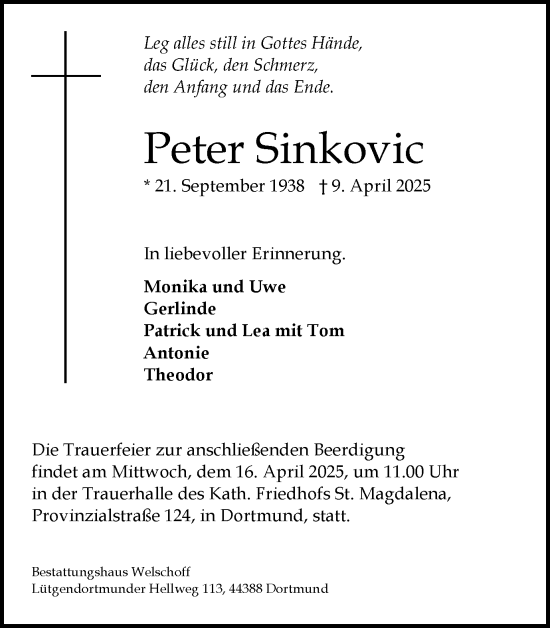 Traueranzeige von Peter Sinkovic