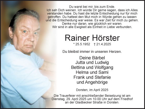 Traueranzeige von Rainer Hörster von Ruhr Nachrichten und Dorstener Zeitung