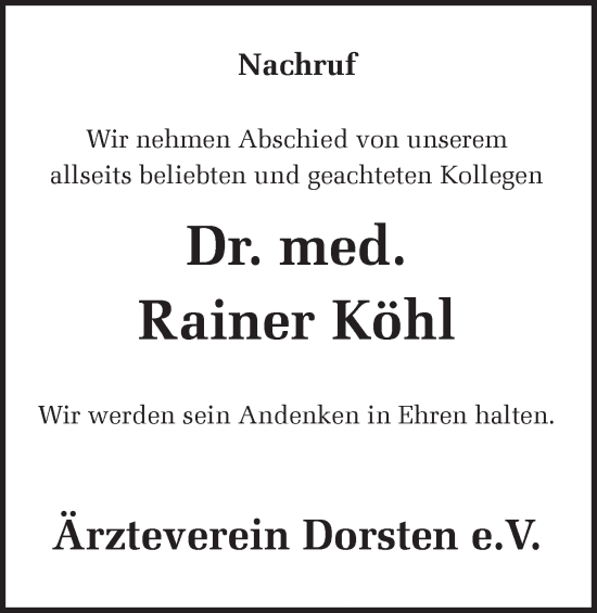 Traueranzeige von Rainer Köhl von Ruhr Nachrichten und Dorstener Zeitung