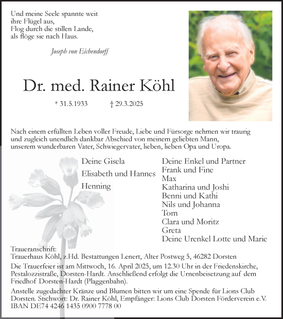 Traueranzeige von Rainer Köhl von Ruhr Nachrichten und Dorstener Zeitung