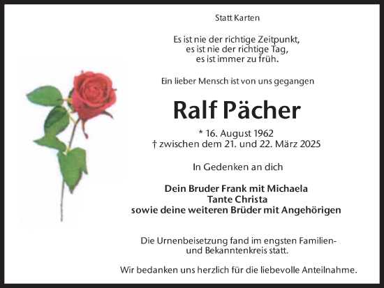 Traueranzeige von Ralf Pächer von Ruhr Nachrichten