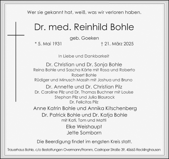 Traueranzeige von Reinhild Bohle von Trauer Vest