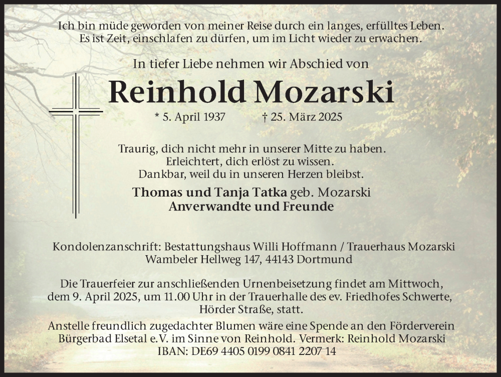  Traueranzeige für Reinhold Mozarski vom 05.04.2025 aus Ruhr Nachrichten