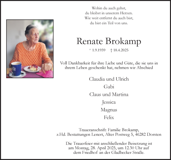 Traueranzeige von Renate Brokamp von Ruhr Nachrichten und Dorstener Zeitung