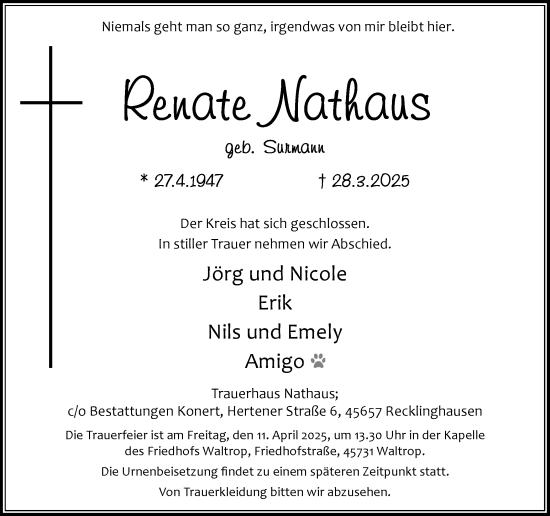 Traueranzeige von Renate Nathaus von Trauer Vest