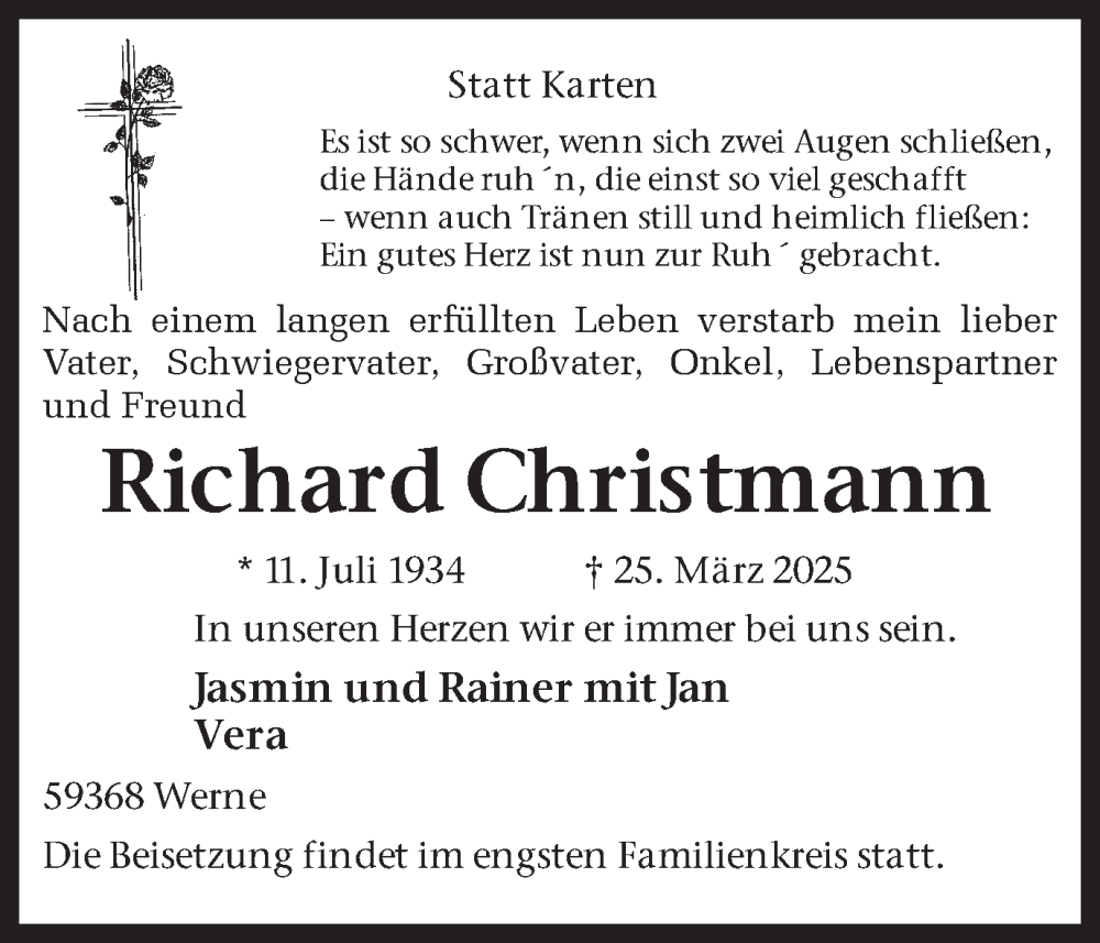  Traueranzeige für Richard Christmann vom 05.04.2025 aus Ruhr Nachrichten