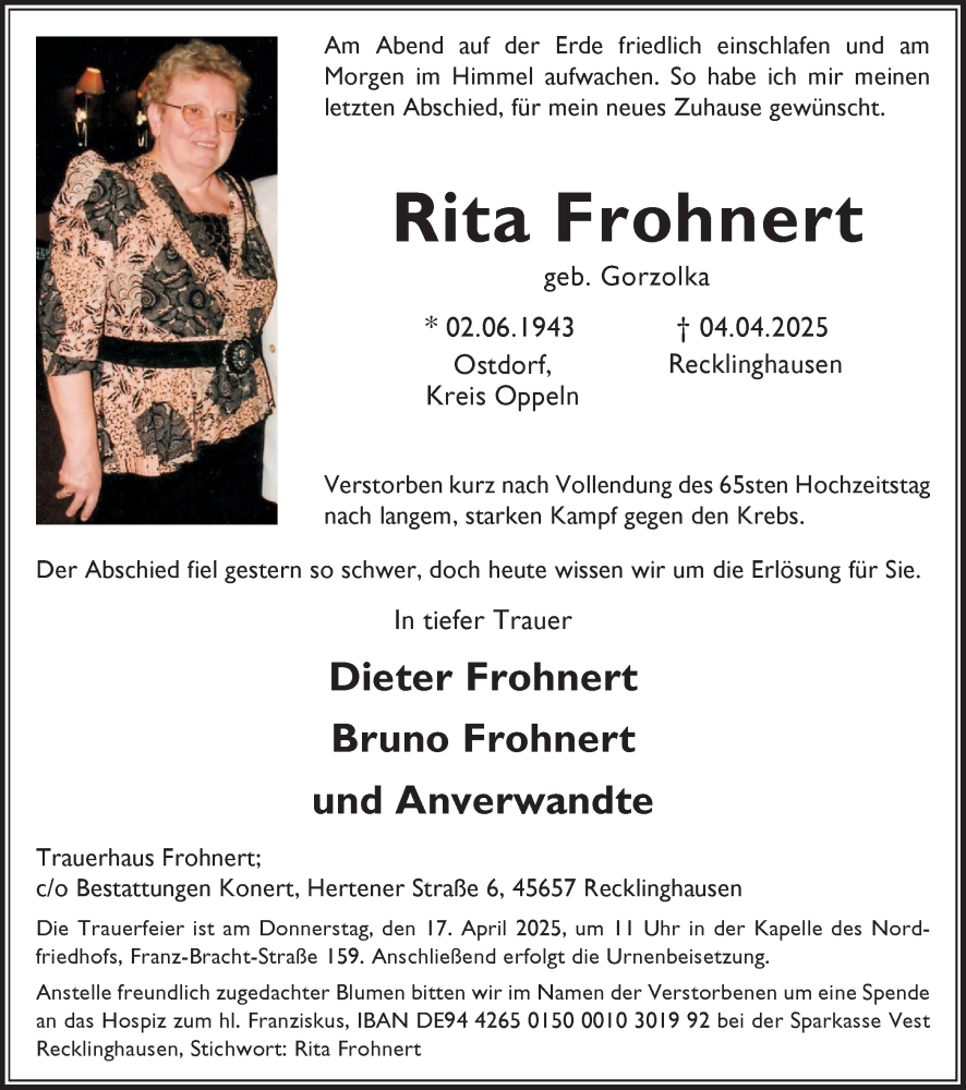  Traueranzeige für Rita Frohnert vom 12.04.2025 aus Trauer Vest
