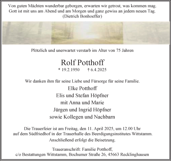 Traueranzeige von Rolf Potthoff von Trauer Vest
