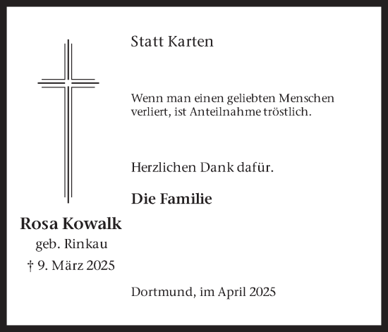 Traueranzeige von Rosa Kowalk von Ruhr Nachrichten