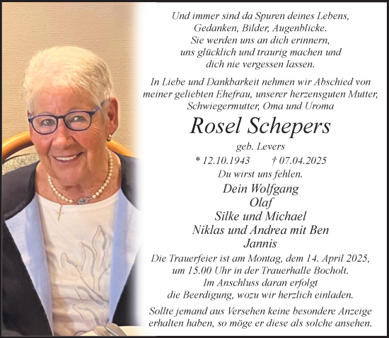 Traueranzeige von Rosel Schepers 