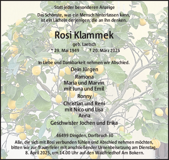 Traueranzeige von Rosi Klammek 