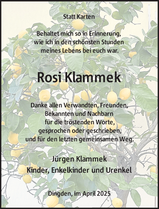 Traueranzeige von Rosi Klammek 