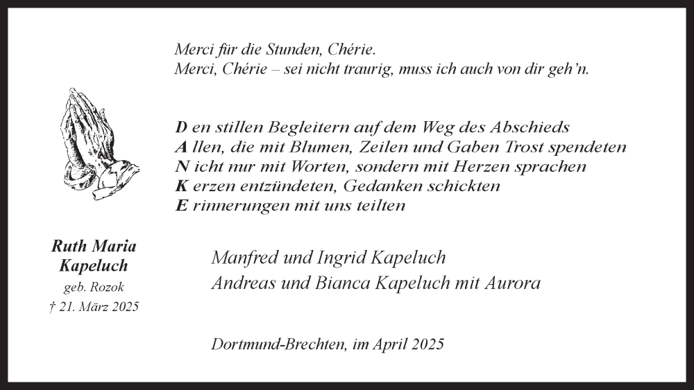  Traueranzeige für Ruth Maria Kapeluch vom 12.04.2025 aus Ruhr Nachrichten