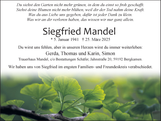Traueranzeige von Siegfried Mandel von Lüner Anzeiger