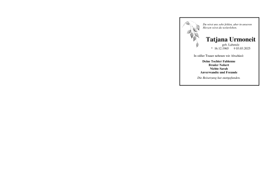 Traueranzeige von Tatjana Urmoneit von Ruhr Nachrichten und Dorstener Zeitung